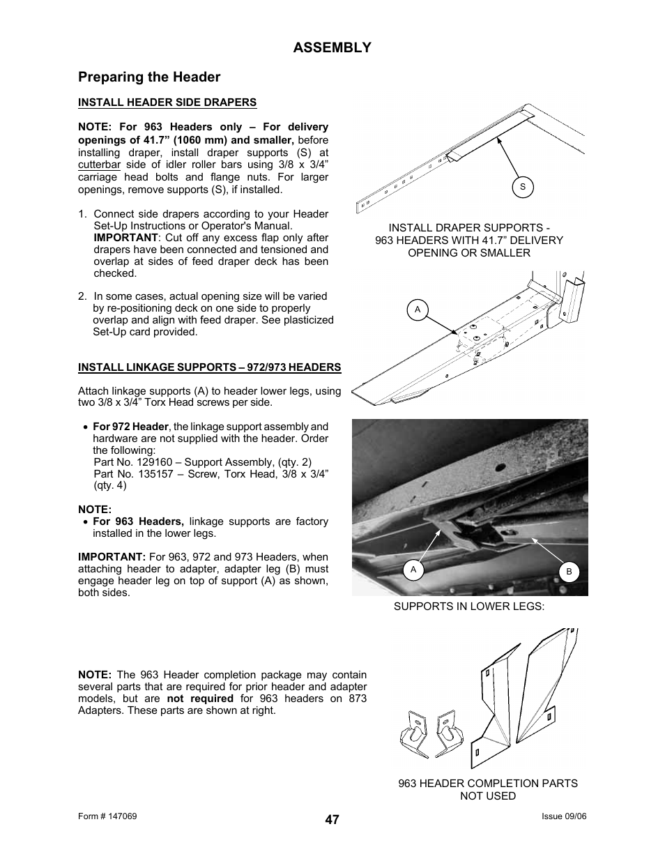 Assembly, Preparing the header | MacDon 873 Combine Adapter User Manual | Page 49 / 91