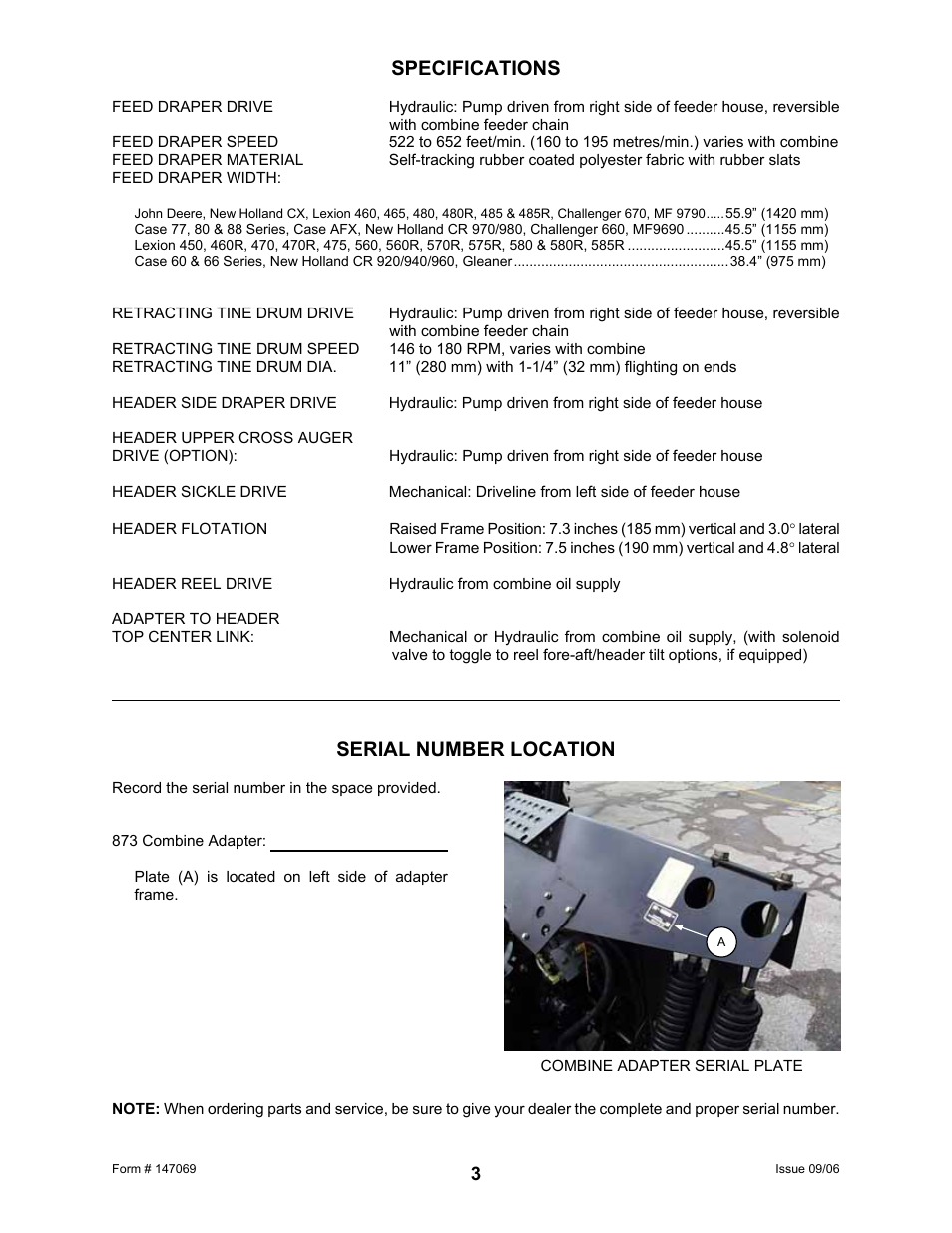 Specifications, Serial number location | MacDon 873 Combine Adapter User Manual | Page 5 / 91