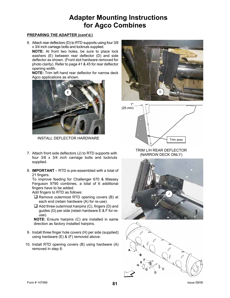 Adapter mounting instructions for agco combines | MacDon 873 Combine Adapter User Manual | Page 83 / 91