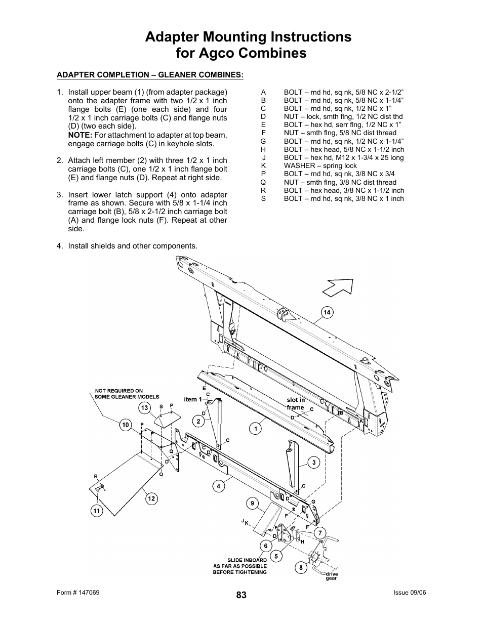 Adapter mounting instructions for agco combines | MacDon 873 Combine Adapter User Manual | Page 85 / 91
