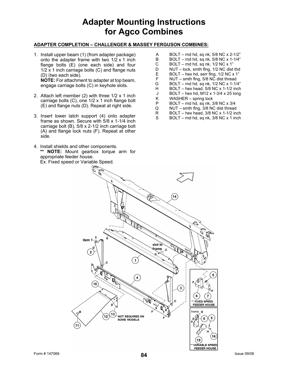 Adapter mounting instructions for agco combines | MacDon 873 Combine Adapter User Manual | Page 86 / 91