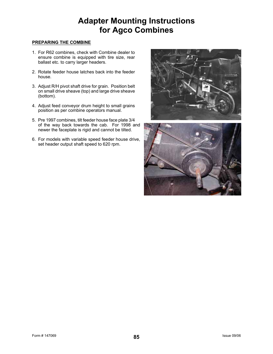 Adapter mounting instructions for agco combines | MacDon 873 Combine Adapter User Manual | Page 87 / 91