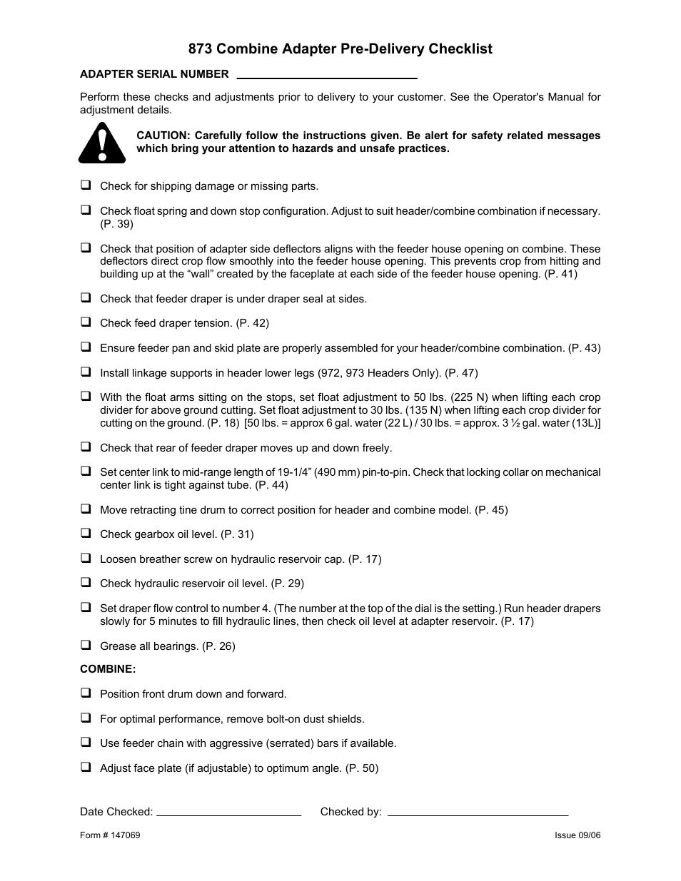 873 combine adapter pre-delivery checklist | MacDon 873 Combine Adapter User Manual | Page 91 / 91