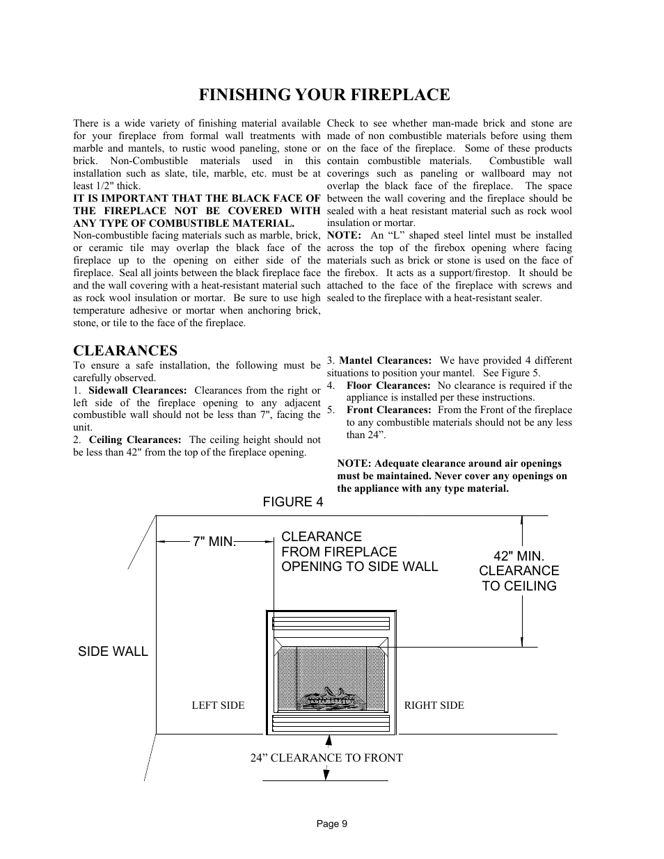 Finishing your fireplace, Clearances | New Buck Corporation FP-BR-10-ZC User Manual | Page 11 / 38