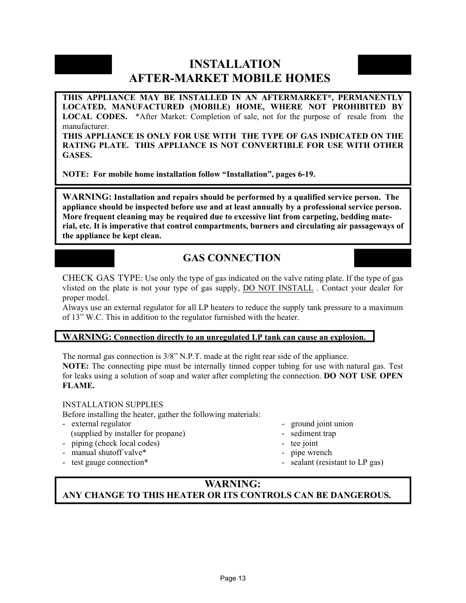 Installation after-market mobile homes, Warning, Gas connection | New Buck Corporation FP-BR-10-ZC User Manual | Page 15 / 38