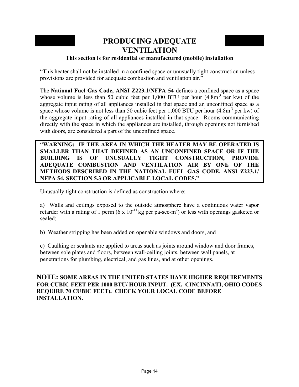 Producing adequate ventilation | New Buck Corporation FP-BR-10-ZC User Manual | Page 16 / 38