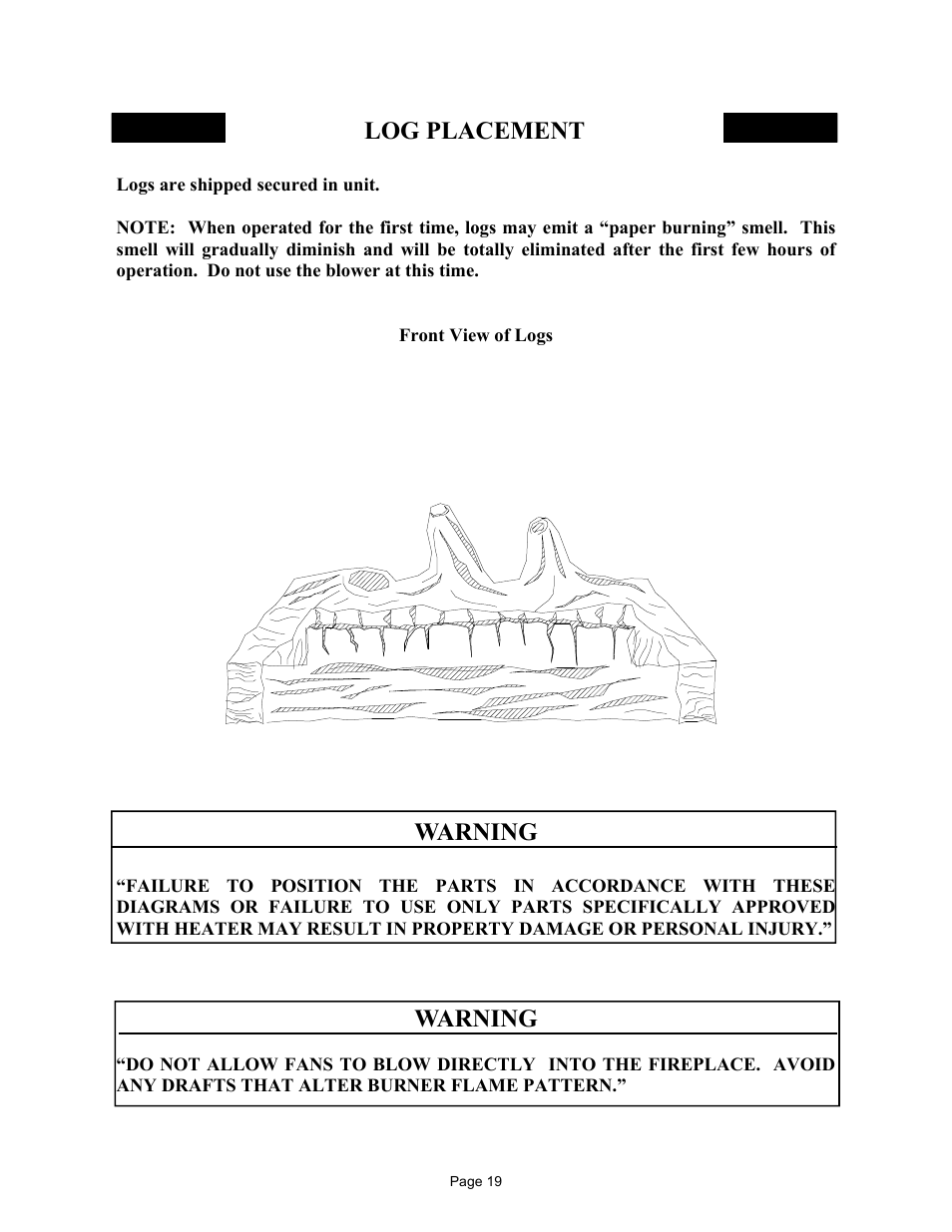 Log placement, Warning | New Buck Corporation FP-BR-10-ZC User Manual | Page 21 / 38