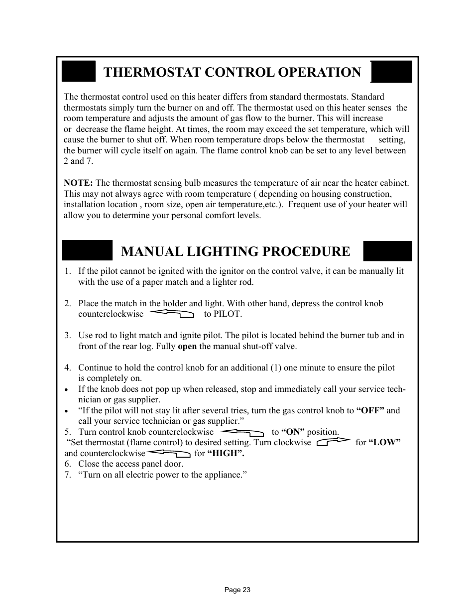 Thermostat control operation, Manual lighting procedure | New Buck Corporation FP-BR-10-ZC User Manual | Page 25 / 38