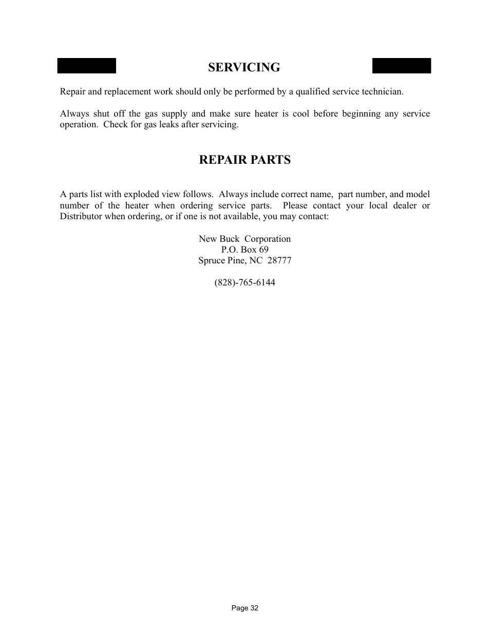 Servicing, Repair parts | New Buck Corporation FP-BR-10-ZC User Manual | Page 34 / 38