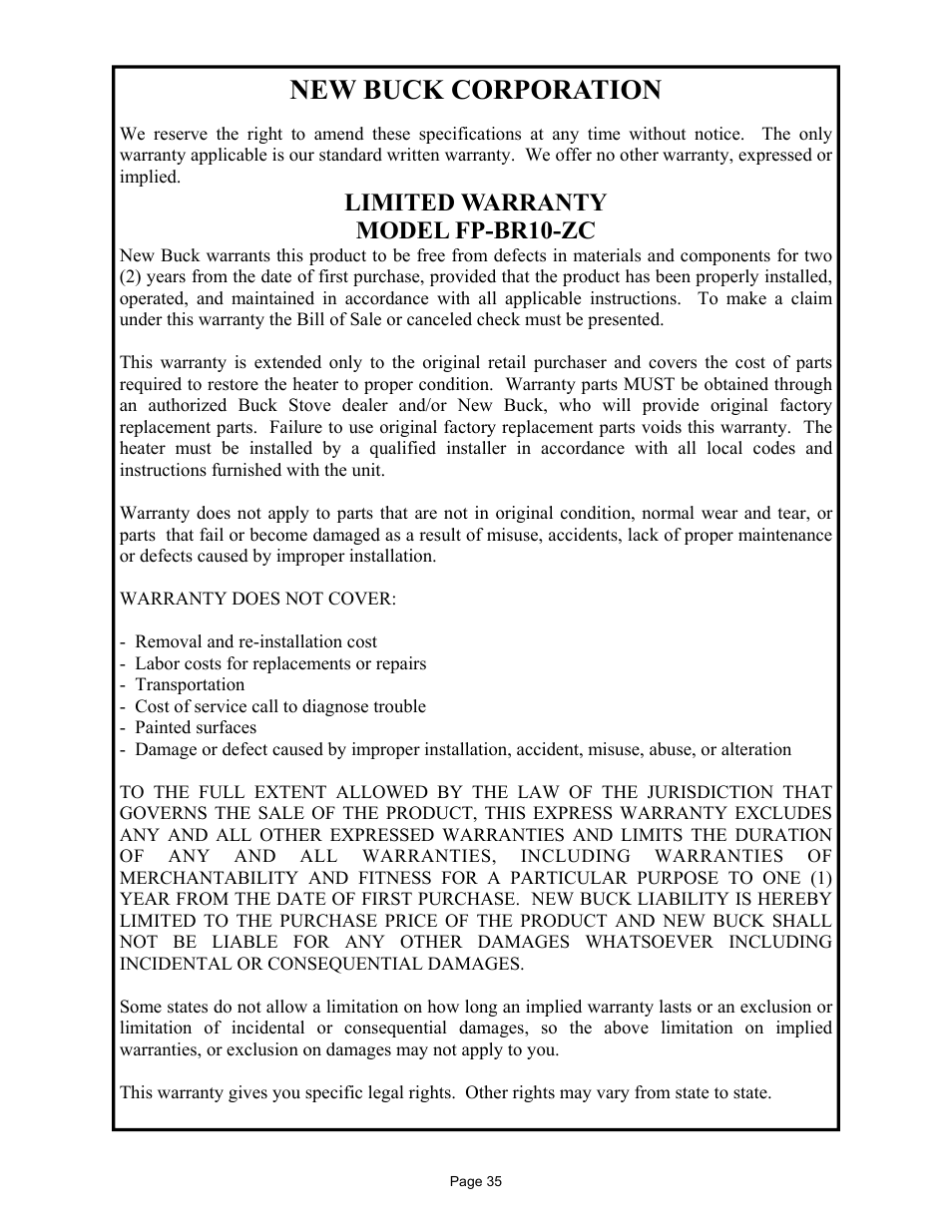 New buck corporation, Limited warranty model fp-br10-zc | New Buck Corporation FP-BR-10-ZC User Manual | Page 37 / 38