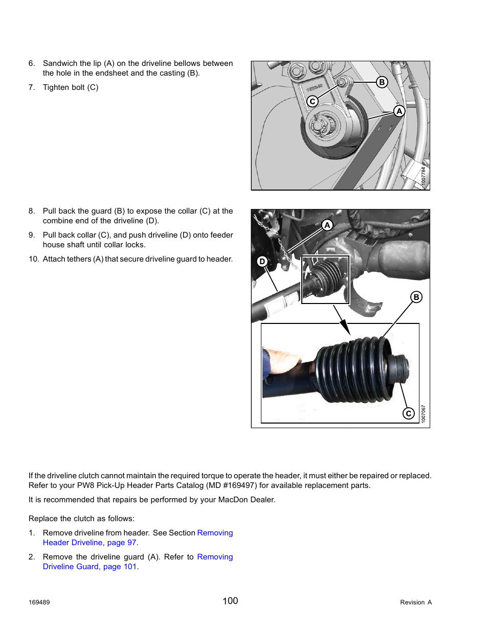Replacing driveline clutch | MacDon PW8 Pick-Up Header User Manual | Page 108 / 196