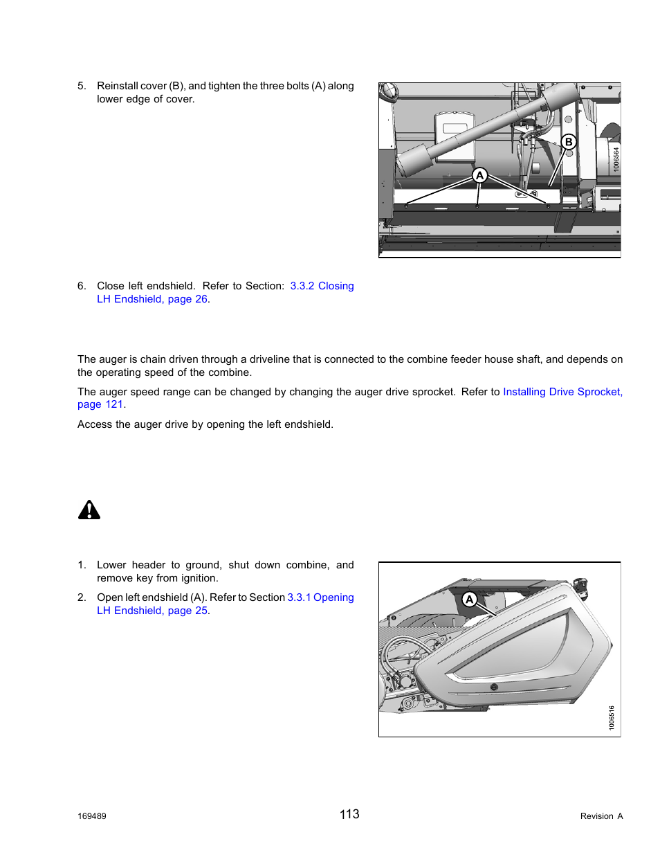 4auger drive, Auger drive chain, Lubricating auger drive chain | Auger drive, 4 auger drive, Danger | MacDon PW8 Pick-Up Header User Manual | Page 121 / 196