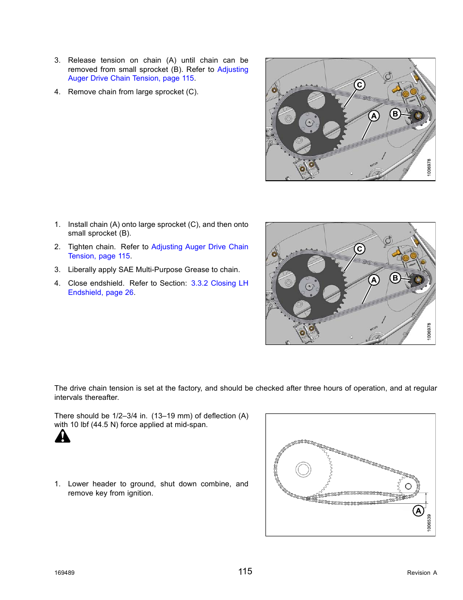 Installing auger drive chain, Adjusting auger drive chain tension, Danger | MacDon PW8 Pick-Up Header User Manual | Page 123 / 196