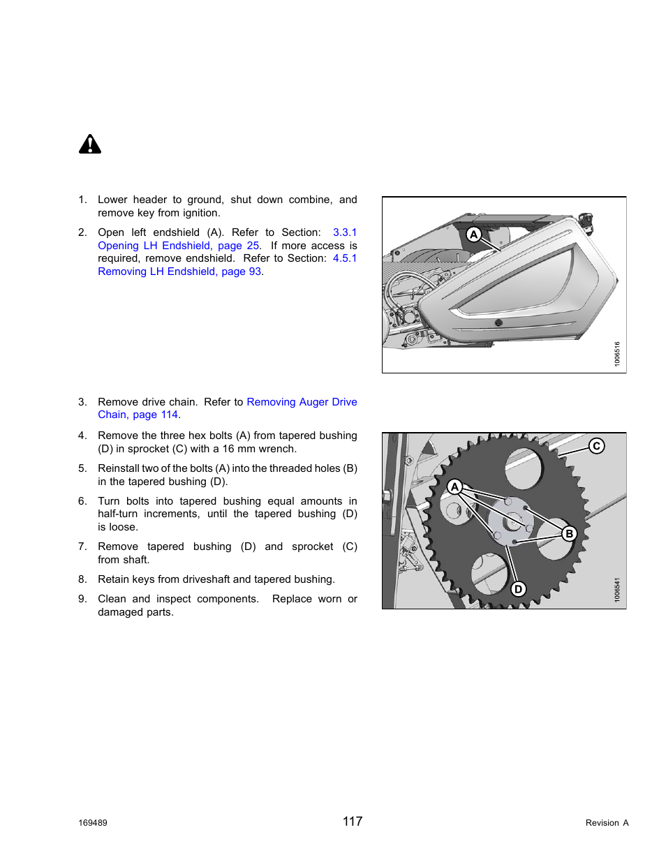 Auger drive sprockets, Removing driven sprocket, Danger | MacDon PW8 Pick-Up Header User Manual | Page 125 / 196