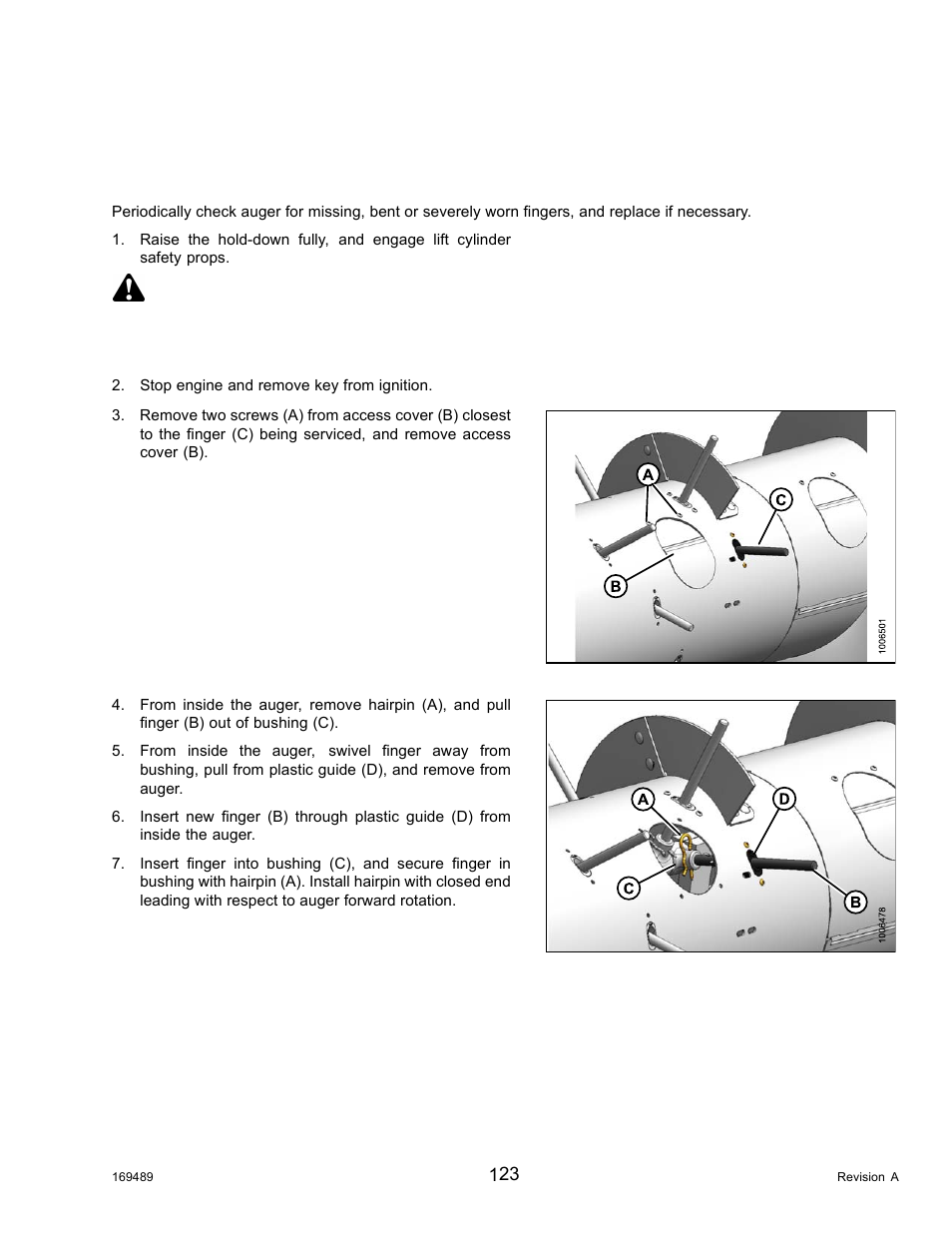 7auger, 1replacing auger fingers, Auger | Replacing auger fingers, 7 auger, 1 replacing auger fingers, Danger | MacDon PW8 Pick-Up Header User Manual | Page 131 / 196