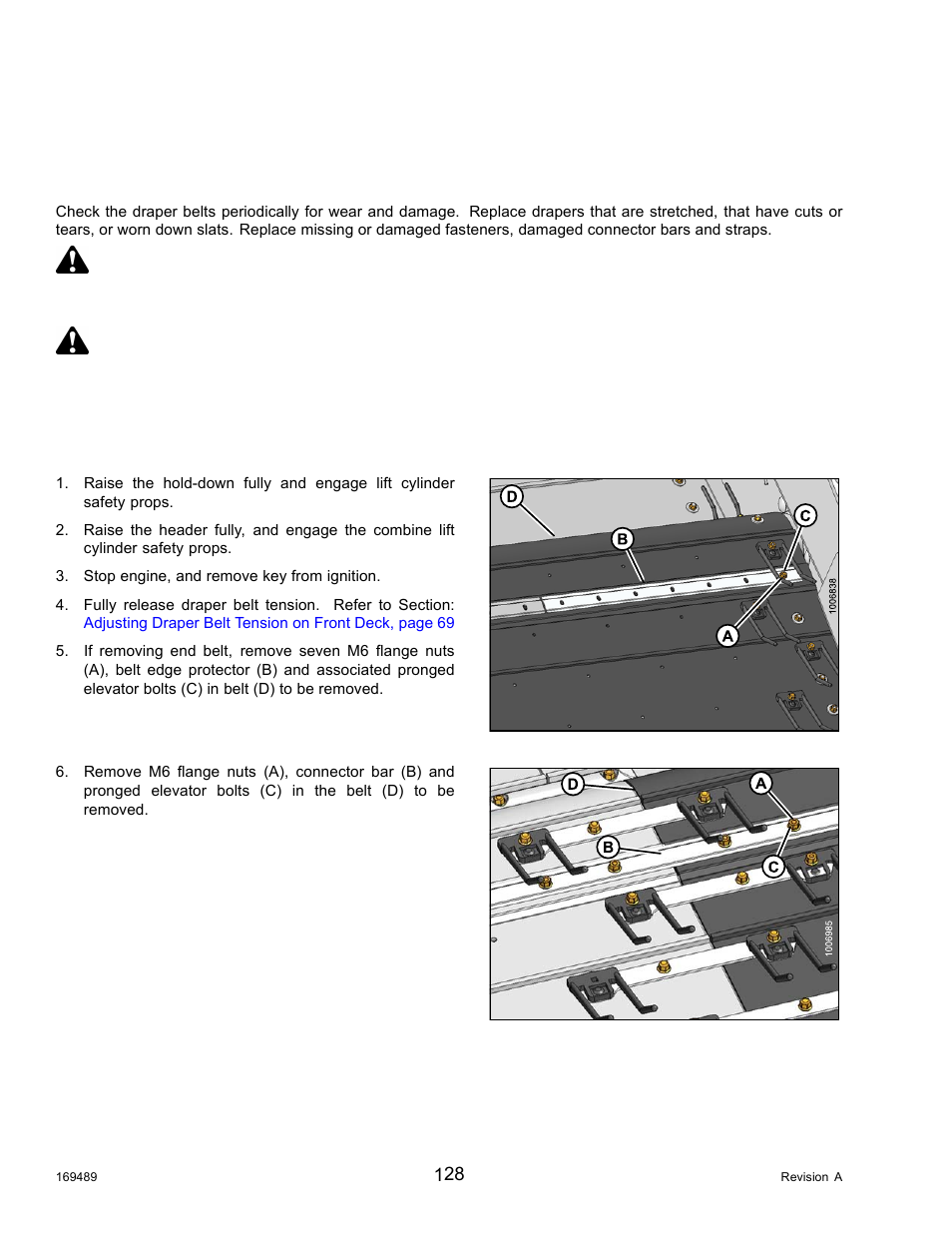 8decks, 1draper belts, Removing front draper belt | Decks, Draper belts, 8 decks, 1 draper belts, Warning, Danger | MacDon PW8 Pick-Up Header User Manual | Page 136 / 196