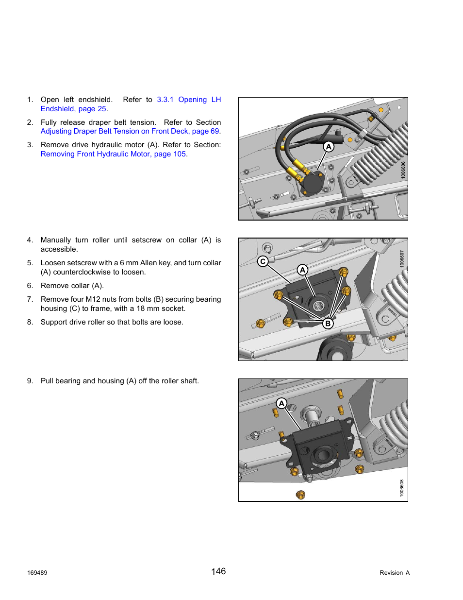 Front deck - drive roller, Replacing front deck left side bearing | MacDon PW8 Pick-Up Header User Manual | Page 154 / 196