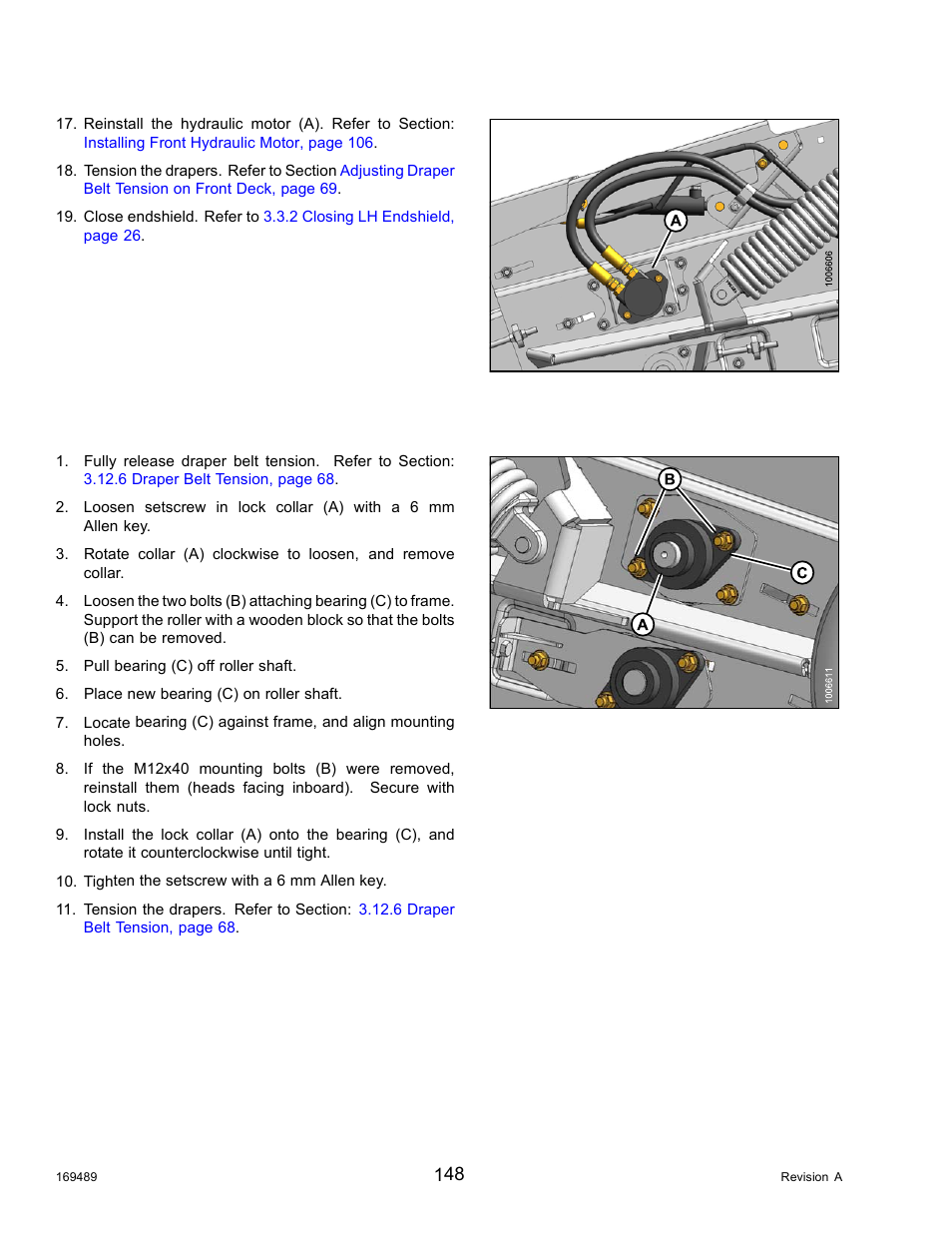 Replacing front deck right side bearing | MacDon PW8 Pick-Up Header User Manual | Page 156 / 196