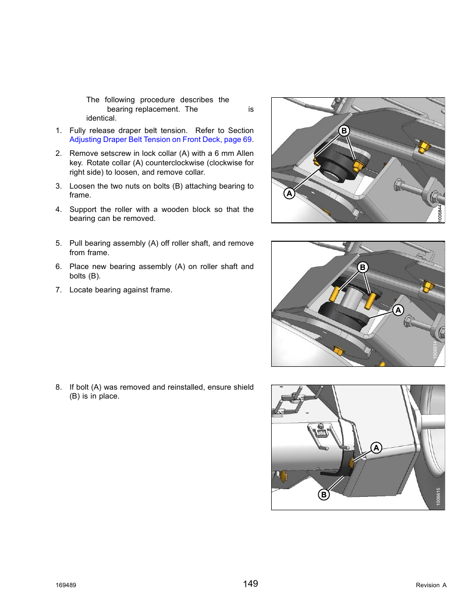 Front deck - idler roller, Replacing front deck idler roller bearings | MacDon PW8 Pick-Up Header User Manual | Page 157 / 196