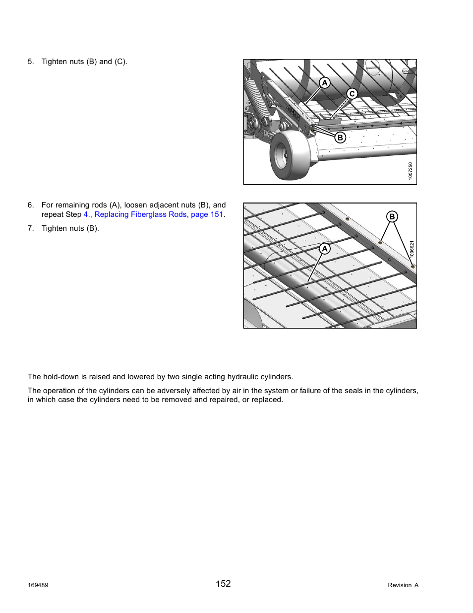 2replacing hold-down hydraulic cylinders, Replacing hold-down hydraulic cylinders, 2 replacing hold-down hydraulic cylinders | MacDon PW8 Pick-Up Header User Manual | Page 160 / 196