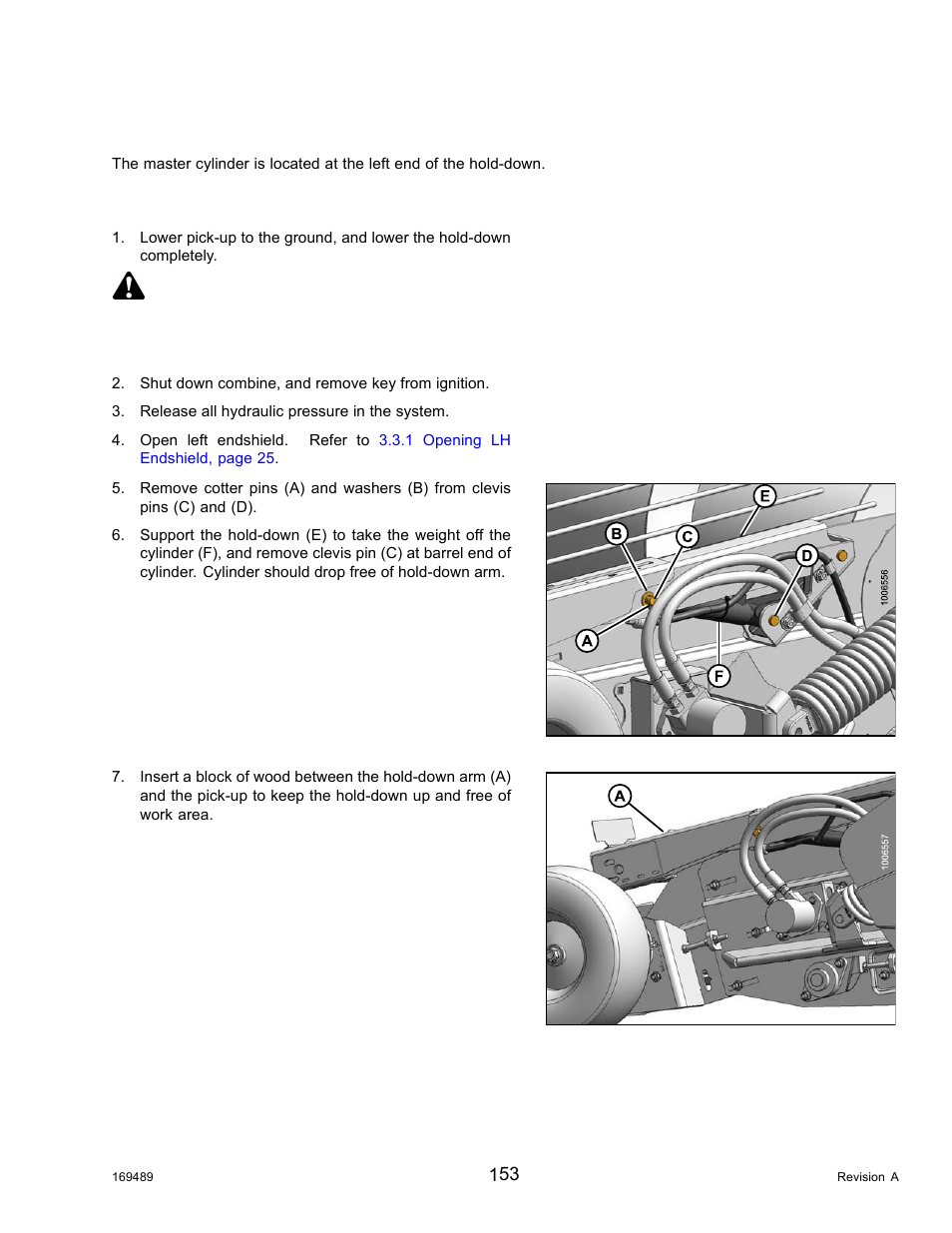 Master cylinder, Removing master cylinder, Danger | MacDon PW8 Pick-Up Header User Manual | Page 161 / 196