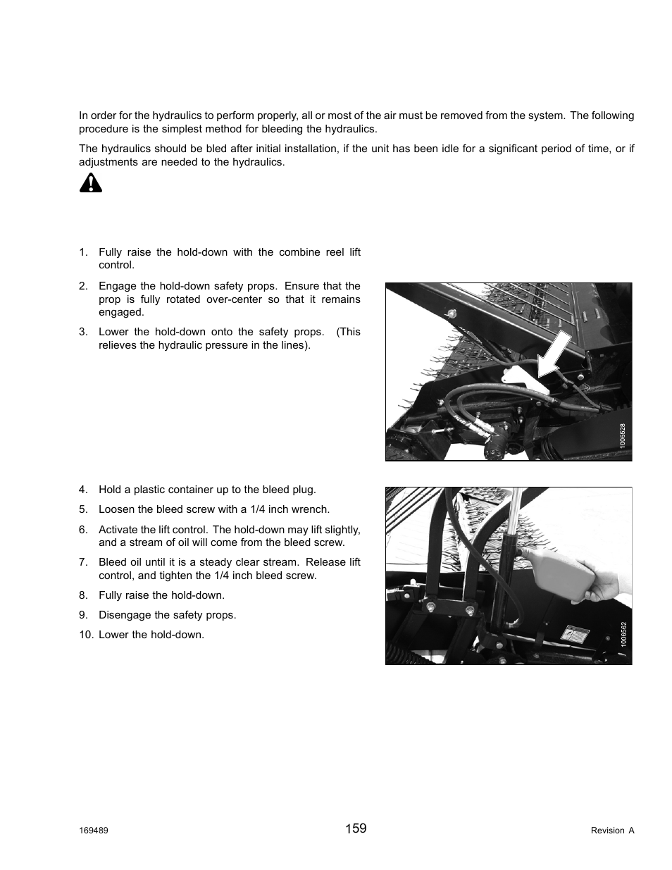 Bleeding cylinders and lines, Caution | MacDon PW8 Pick-Up Header User Manual | Page 167 / 196