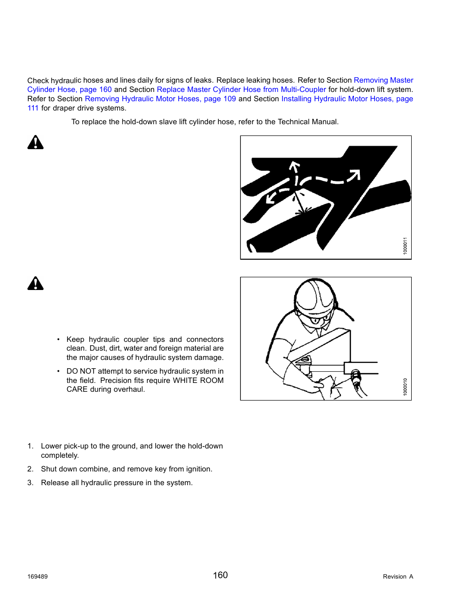 3hydraulic hoses and lines, Removing master cylinder hose, Hydraulic hoses and lines | 3 hydraulic, 3 hydraulic hoses and lines, Warning | MacDon PW8 Pick-Up Header User Manual | Page 168 / 196