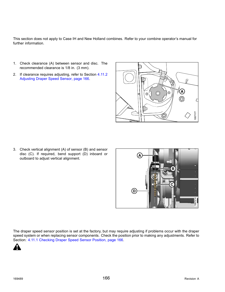 11draper speed sensor, 1checking draper speed sensor position, 2adjusting draper speed sensor | Draper speed sensor, Checking draper speed sensor position, Adjusting draper speed sensor, 11 draper speed sensor, 1 checking draper speed sensor position, 2 adjusting draper speed sensor, Danger | MacDon PW8 Pick-Up Header User Manual | Page 174 / 196