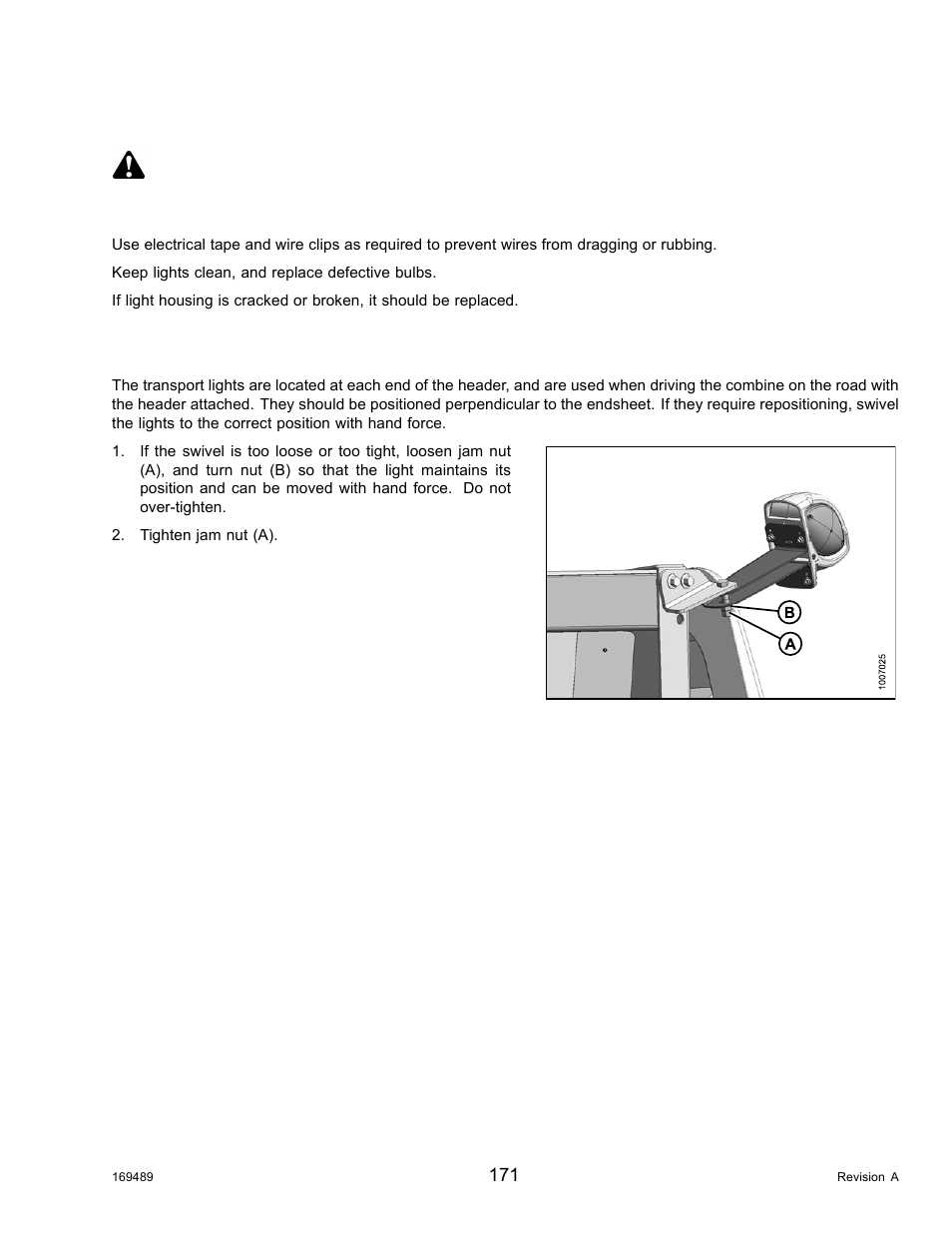 13lights, 1adjusting transport lights, Lights | Adjusting transport lights, 13 lights, Danger, 1 adjusting transport lights | MacDon PW8 Pick-Up Header User Manual | Page 179 / 196