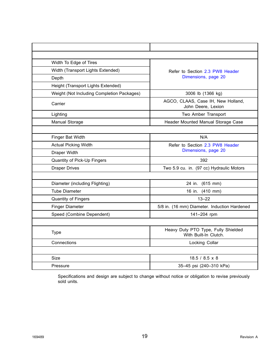 2pw8 header specifications, Pw8 header specifications, 2 pw8 header specifications | MacDon PW8 Pick-Up Header User Manual | Page 27 / 196
