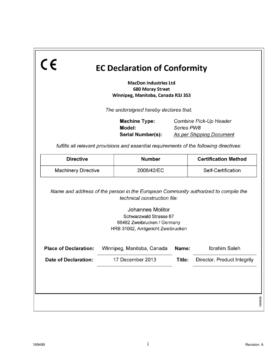 Declaration of conformity | MacDon PW8 Pick-Up Header User Manual | Page 3 / 196