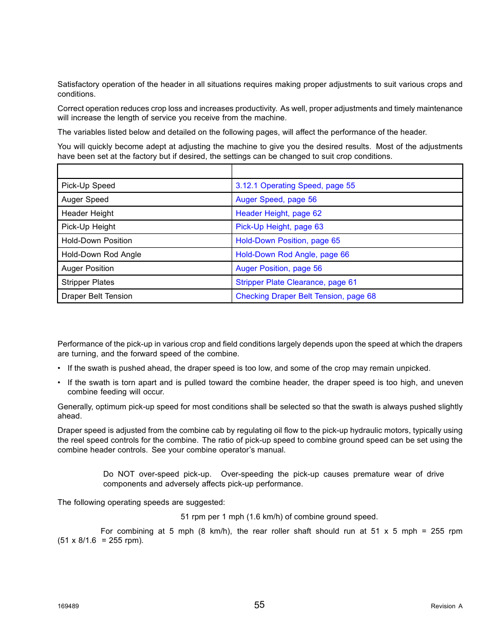 12header operation, 1operating speed, Header operation | Operating speed, 12 header operation, 1 operating speed | MacDon PW8 Pick-Up Header User Manual | Page 63 / 196