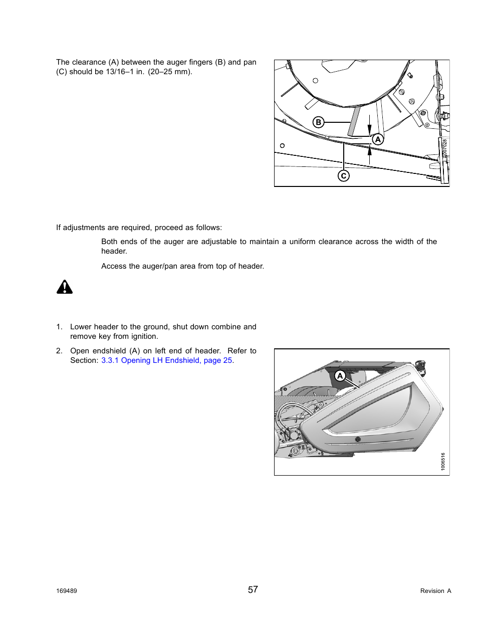 Adjusting auger position, Danger | MacDon PW8 Pick-Up Header User Manual | Page 65 / 196