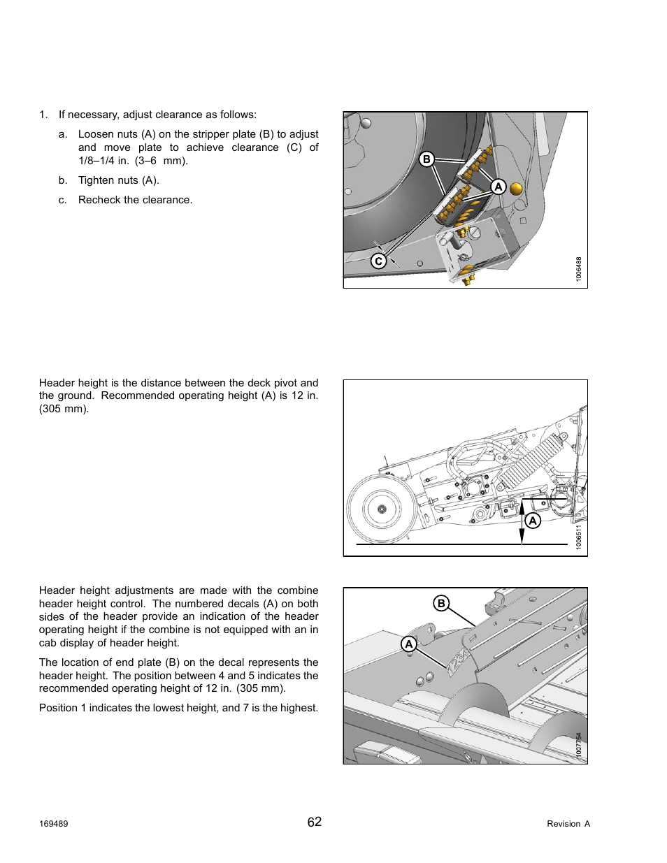 Adjusting stripper plate clearance, 3operating height, Header height | Operating height, 3 operating height | MacDon PW8 Pick-Up Header User Manual | Page 70 / 196