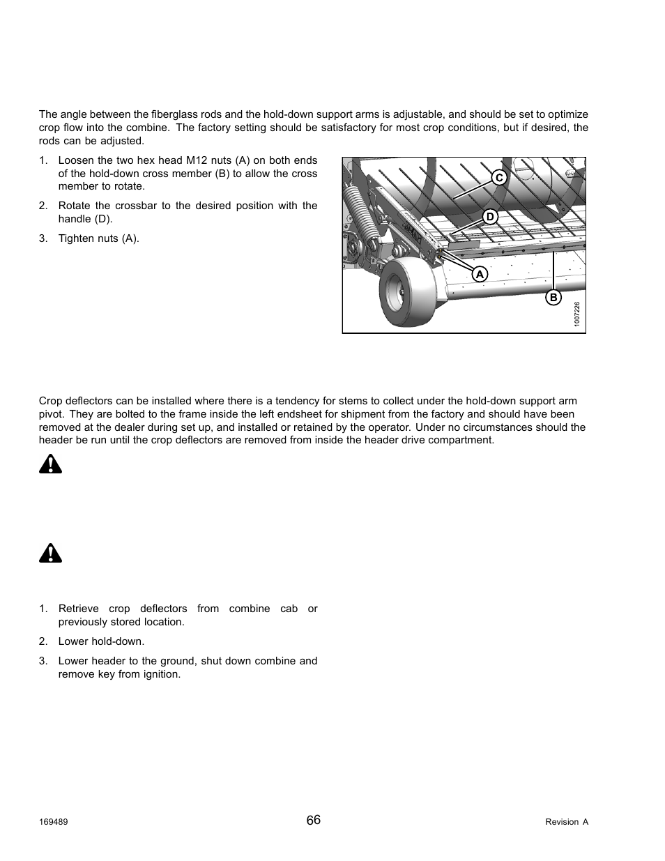 Hold-down rod angle, 5crop deflectors, Installing crop deflectors | Crop deflectors, 5 crop deflectors, Caution, Danger | MacDon PW8 Pick-Up Header User Manual | Page 74 / 196