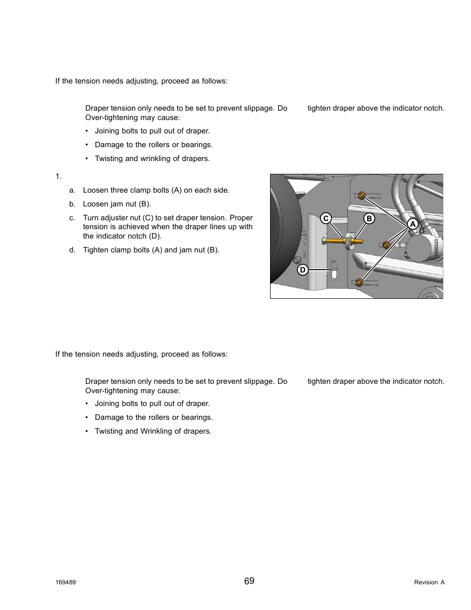 Adjusting draper belt tension on front deck, Adjusting draper belt tension on rear deck, Adjusting draper belt tension on rear | MacDon PW8 Pick-Up Header User Manual | Page 77 / 196