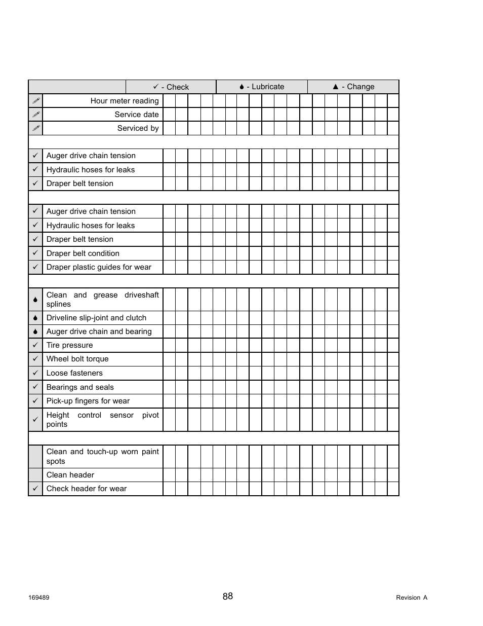 Maintenance schedule/record | MacDon PW8 Pick-Up Header User Manual | Page 96 / 196