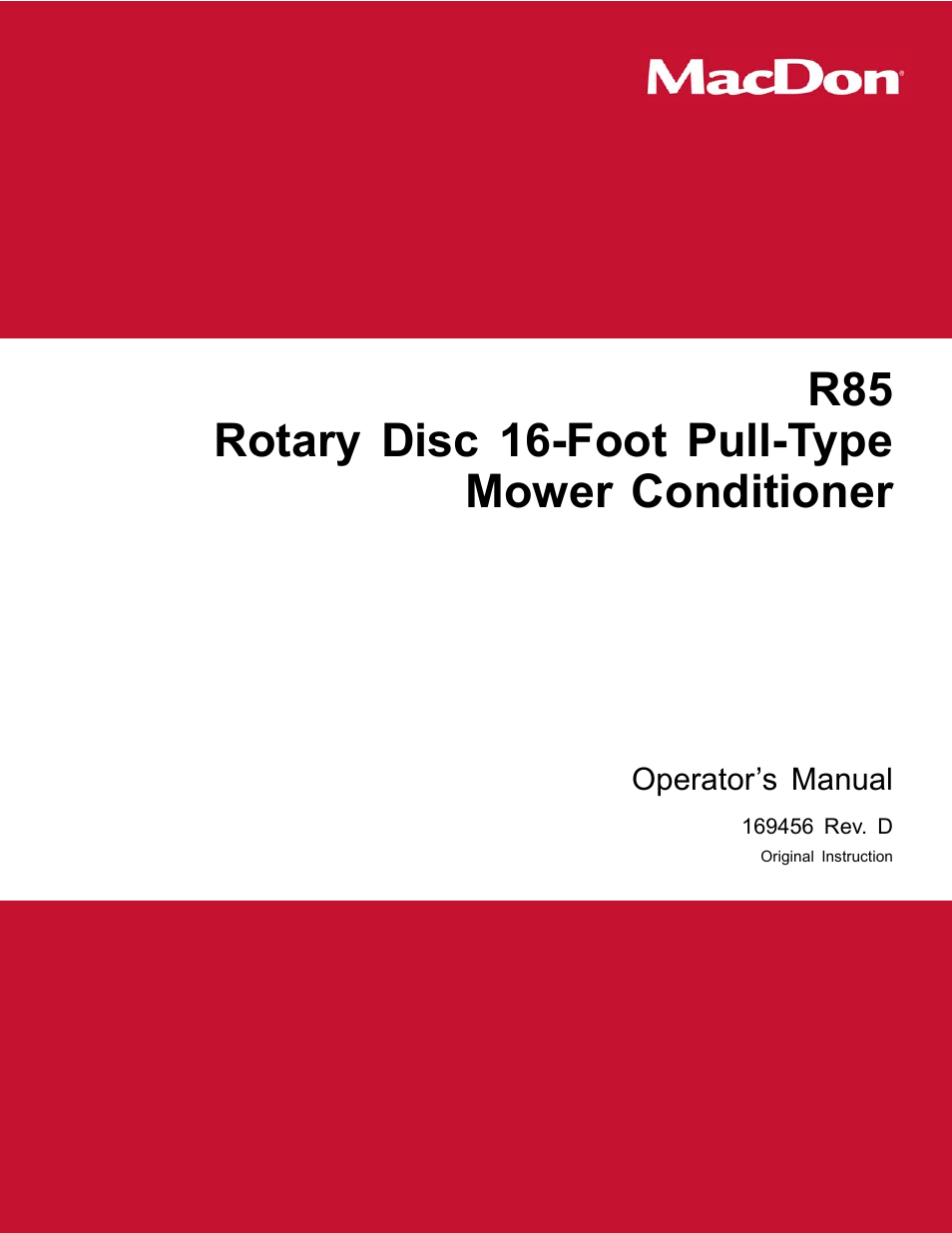 MacDon R85 Rotary Disc 16 Foot Pull-Type User Manual | 244 pages