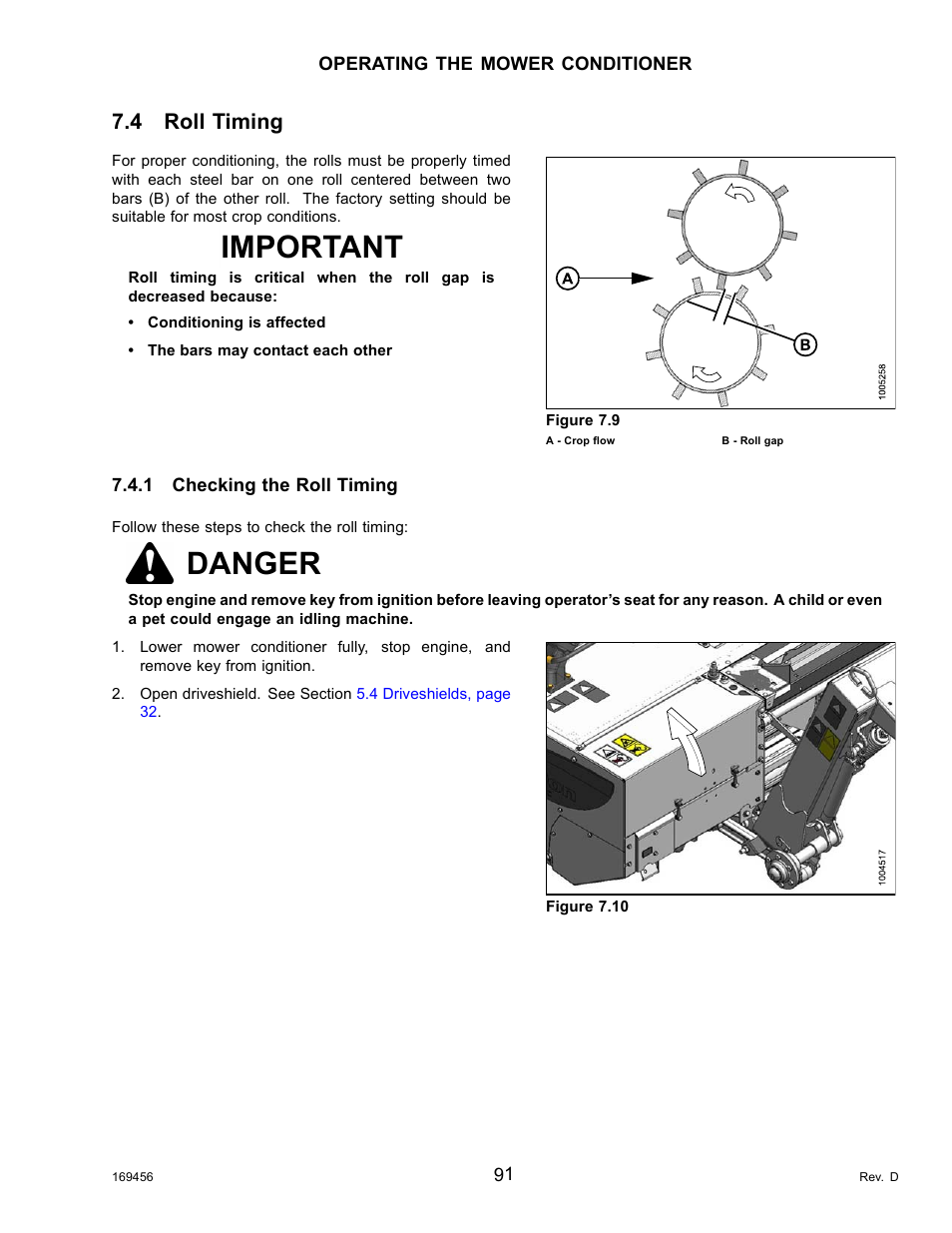 4roll timing, 1checking the roll timing, Roll timing | Checking the roll timing, 4 roll, Important, Danger, 4 roll timing | MacDon R85 Rotary Disc 16 Foot Pull-Type User Manual | Page 101 / 244