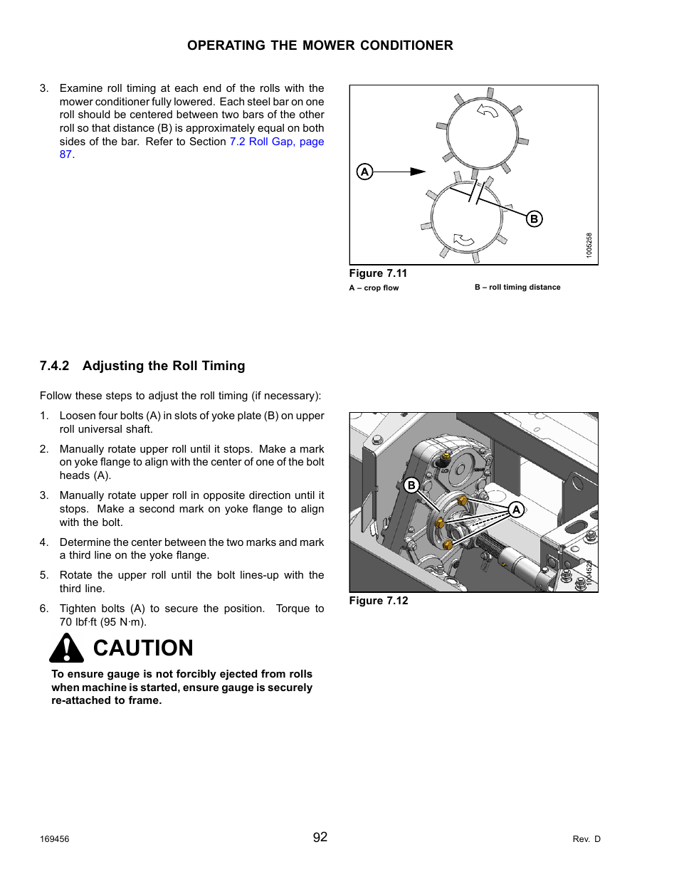 2adjusting the roll timing, Adjusting the roll timing, Caution | MacDon R85 Rotary Disc 16 Foot Pull-Type User Manual | Page 102 / 244