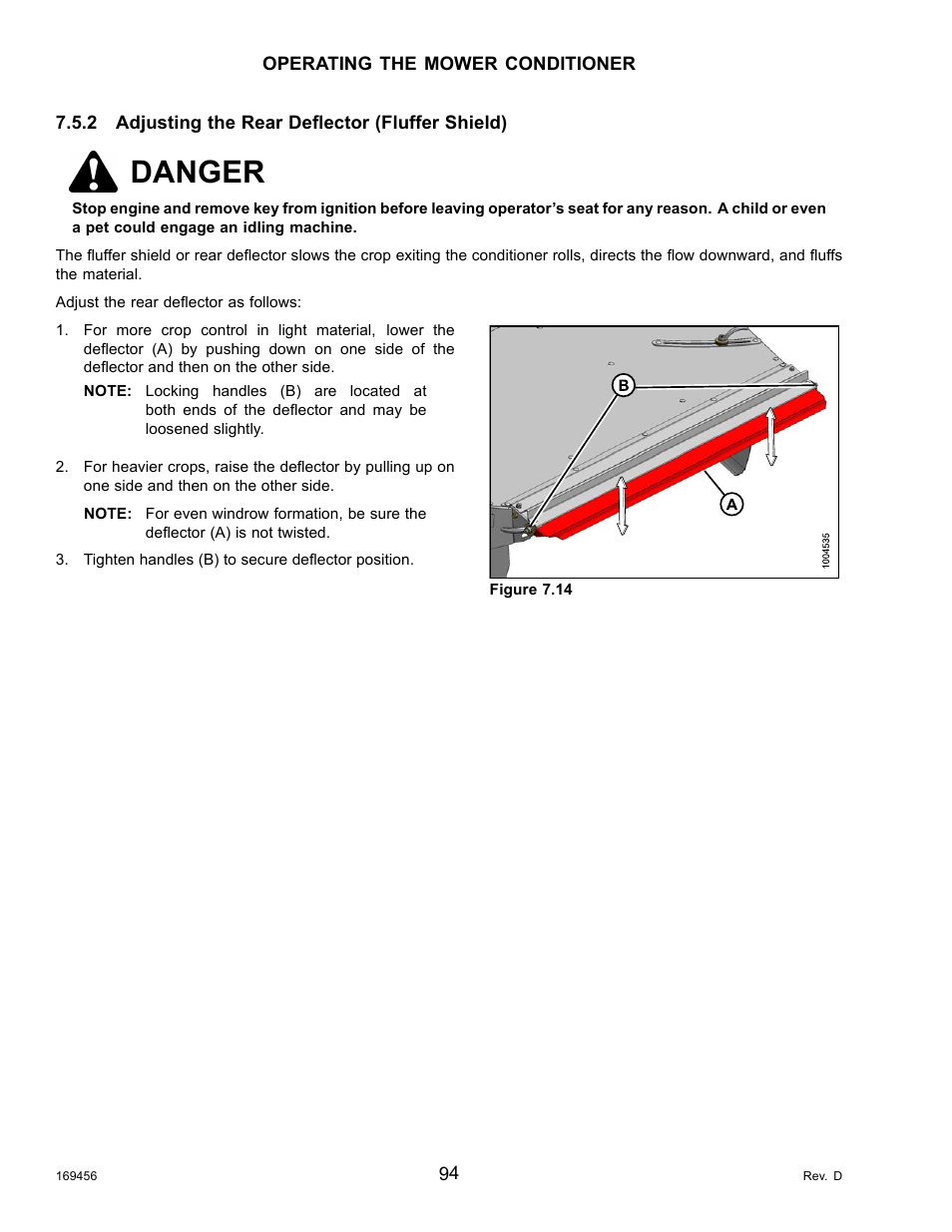 2adjusting the rear deflector (fluffer shield), Adjusting the rear deflector (fluffer shield), Danger | MacDon R85 Rotary Disc 16 Foot Pull-Type User Manual | Page 104 / 244