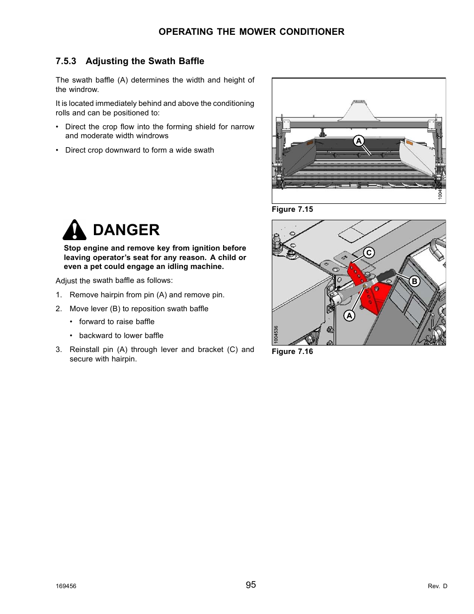 3adjusting the swath baffle, Adjusting the swath baffle, Danger | MacDon R85 Rotary Disc 16 Foot Pull-Type User Manual | Page 105 / 244