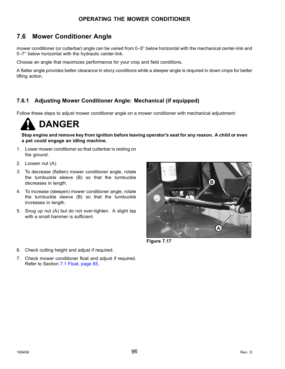 6mower conditioner angle, Mower conditioner angle, Danger | 6 mower conditioner angle | MacDon R85 Rotary Disc 16 Foot Pull-Type User Manual | Page 106 / 244