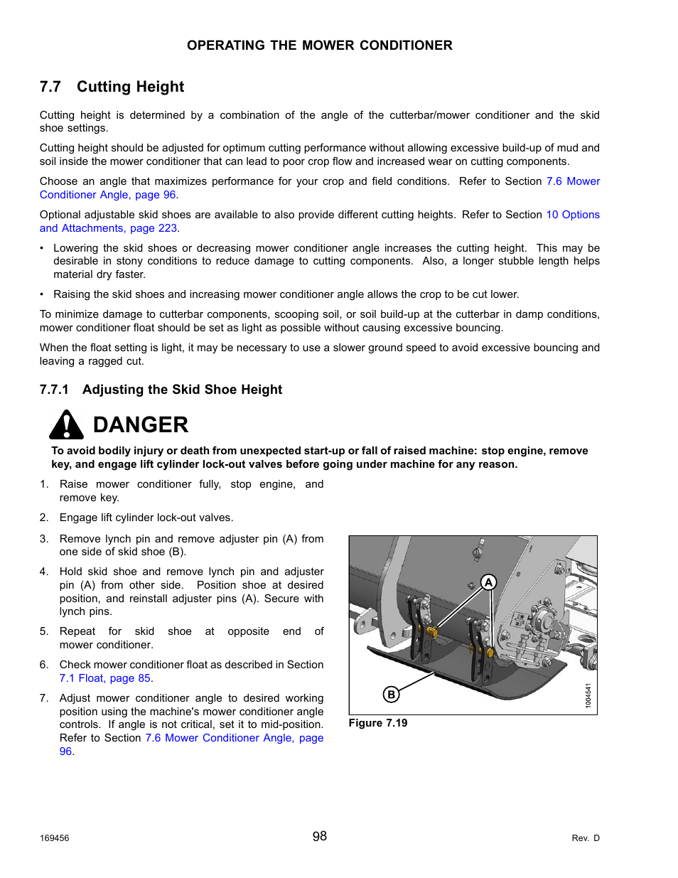 7cutting height, 1adjusting the skid shoe height, Cutting height | Adjusting the skid shoe height, Danger, 7 cutting height | MacDon R85 Rotary Disc 16 Foot Pull-Type User Manual | Page 108 / 244