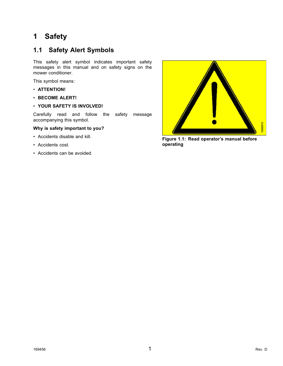 1safety, 1safety alert symbols, Safety | Safety alert symbols, 1 safety, 1 safety alert symbols | MacDon R85 Rotary Disc 16 Foot Pull-Type User Manual | Page 11 / 244
