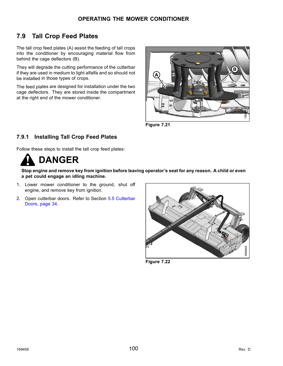 9tall crop feed plates, 1installing tall crop feed plates, Tall crop feed plates | Installing tall crop feed plates, Danger, 9 tall crop feed plates | MacDon R85 Rotary Disc 16 Foot Pull-Type User Manual | Page 110 / 244