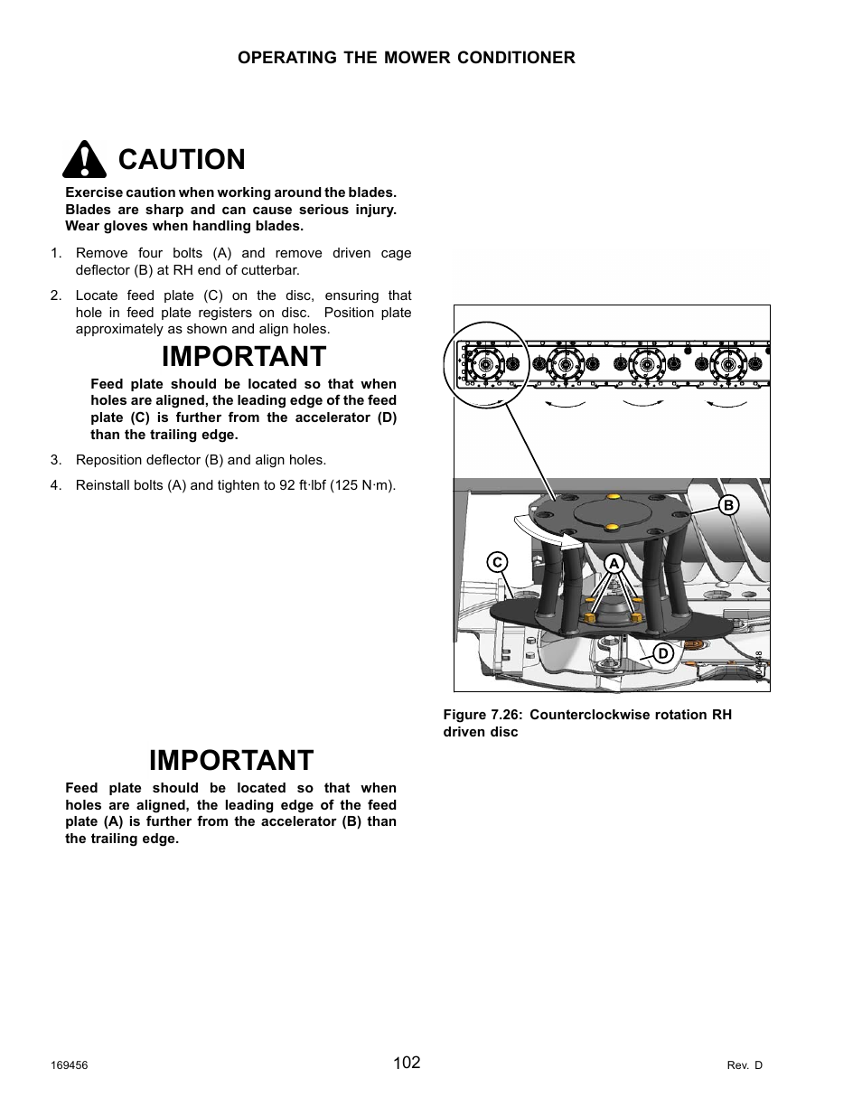 Caution, Important | MacDon R85 Rotary Disc 16 Foot Pull-Type User Manual | Page 112 / 244