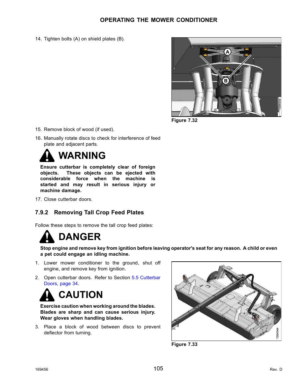 2removing tall crop feed plates, Removing tall crop feed plates, Warning | Danger, Caution | MacDon R85 Rotary Disc 16 Foot Pull-Type User Manual | Page 115 / 244