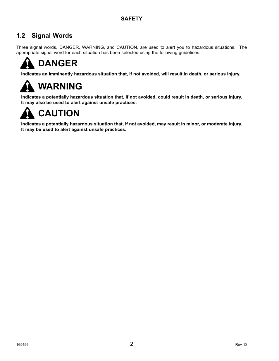 2signal words, Signal words, Danger | Warning, Caution | MacDon R85 Rotary Disc 16 Foot Pull-Type User Manual | Page 12 / 244