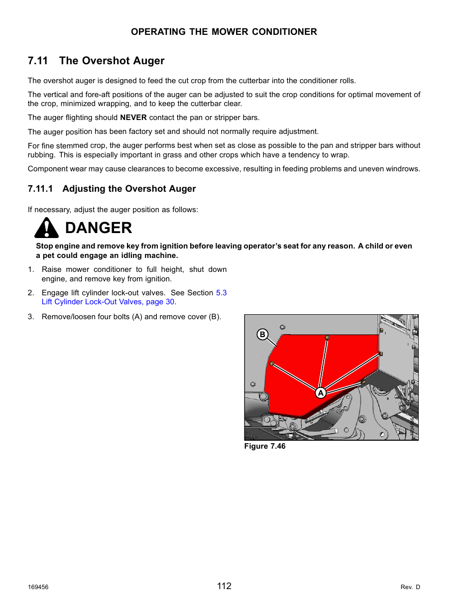 11the overshot auger, 1adjusting the overshot auger, The overshot auger | Adjusting the overshot auger, Danger, 11 the overshot auger | MacDon R85 Rotary Disc 16 Foot Pull-Type User Manual | Page 122 / 244